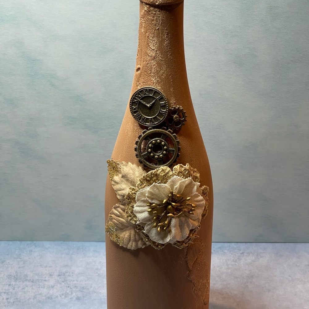 Handcrafted Decorative Steampunk Floral Mixed Media Bottle